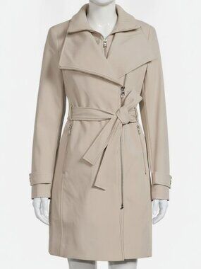 Calvin Klein Women's Beige Stand Collar Solid Tie-Waist Coat Jacket Size XL
